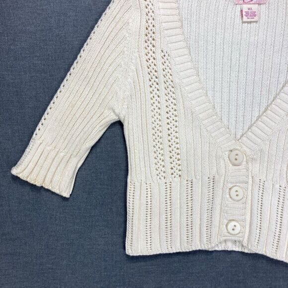 Candies V- Neck Cardigan Womens S Girls XL Ivory Knit Casual Minimalist Sweater - Picture 3 of 15